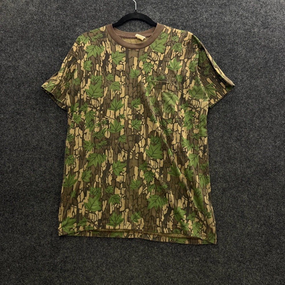 Vintage Duck Bay Trebark Camo Pocket T-Shirt 80s Leaf Camouflage Made in USA L
